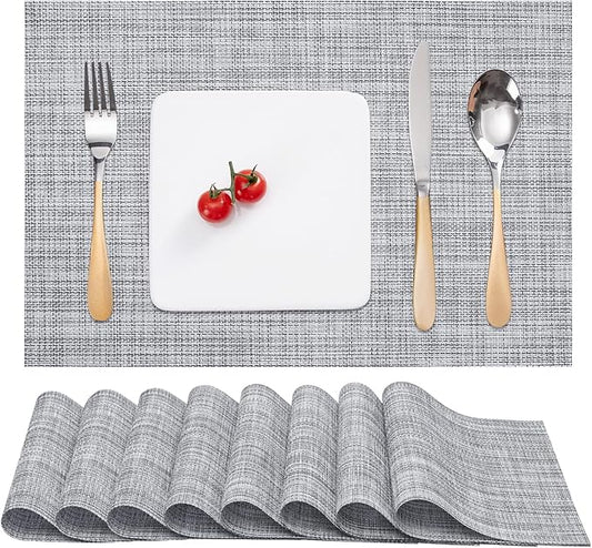 Myir JUN Placemats Set of 8, Vinyl Woven Placemats Place Mats Indoor Set of 8 Washable Table Mats Non-Slip Place mats for Dining Table (Light Gray, Set of 8)