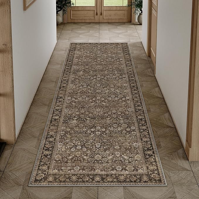 HUGEAR 2x5 Runner Rug Machine Washable Brown Hallway Area Rugs Indoor Accent Rugs Floral Low Pile Carpet Distressed Throw Rug Bedroom Living Room Office Dining Kitchen Laundry Non Slip
