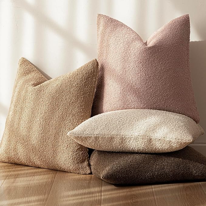 Foindtower Decorative Textured Boucle Throw Pillow Covers Accent Solid Pillow Cases Neutral Soft Cozy Couch Cushion Case for Chair Sofa Bedroom Living Room Home Decor 18x18 Inch,1PC,Light Pink