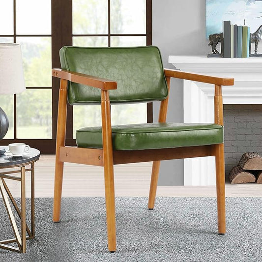 LSSPAID Mid Century Dining Chairs with Wooden Handrail, Pu Upholstered Armchair Comfy Backrest Modern Kitchen Chairs for Bedroom Living Room Dining Room, Green, Set of 1