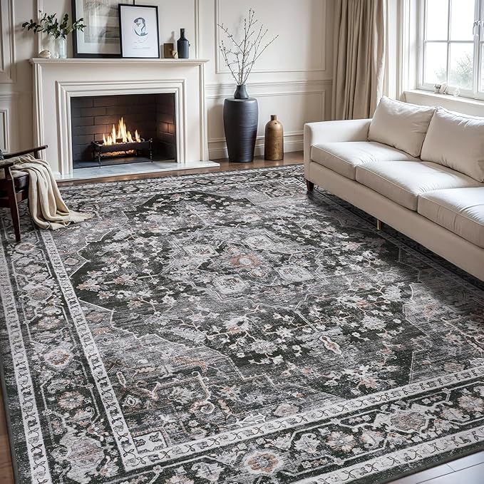 AMOAMI-Area Rug 5X7 Rugs for Living Room-Vintage Soft Black Rugs for Bedroom-Non Slip Carpet-Machine Washable Rug for Dining Room Living Room Bedroom Office Under Table Dark Grey & Black