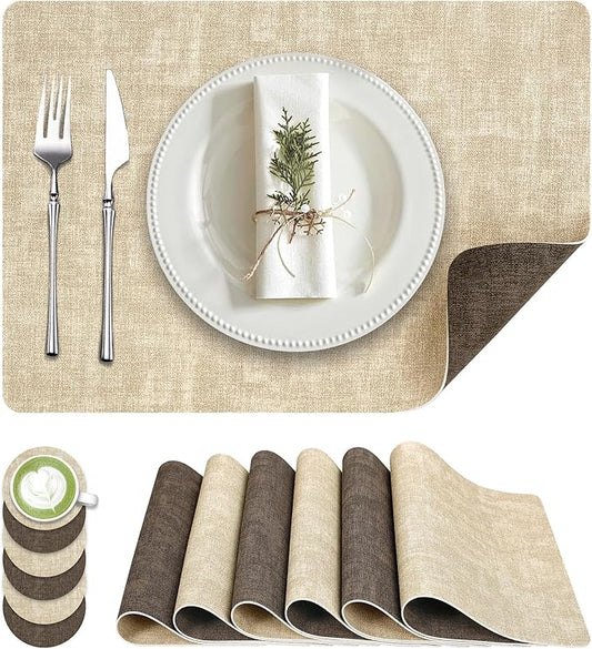 Placemats Set of 6, Faux Leather Heat Resistant Wipeable Placemats, Dual Sided Waterproof Washable Table Mats with Coaster, Suitable for Kitchen, Dining, Table Decor (6, Beige Dark Coffee)