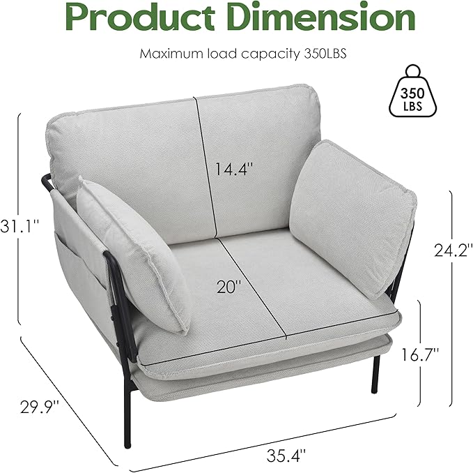 AYEASY Modern Accent Chair for Living Room, Oversized Reading Chair with Solid Metal Legs, Upholstered Fabric Armchair with Side Pockets and 2 Pillows, Comfy Accent Chairs for Bedroom, Nursery, White