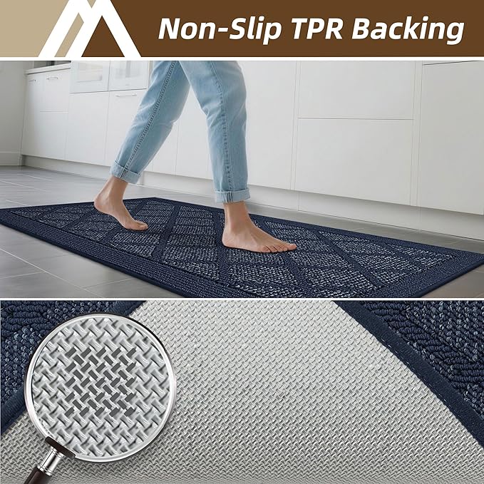 COSY HOMEER Kitchen Mats, 2 PCS Kitchen Rug Non Slip Washable, Absorbent Runner Rugs for Kitchen Floor, 100% Polypropylene Kitchen Sink Rug 20"x32" + 20"x48"(Blue)