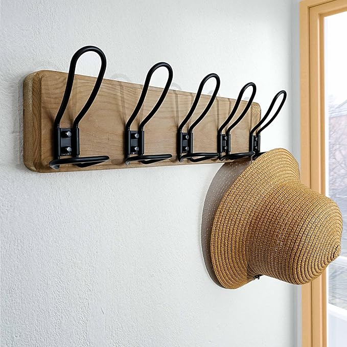 Dseap Coat Rack Wall Mounted - Heavy Duty Farmhouse Rustic Wall Coat Hanger With 5 Wire Hooks for Clothes Hat Jacket Towel, RusticWire, G25A, Weathered Brown & Black, Pack of 2