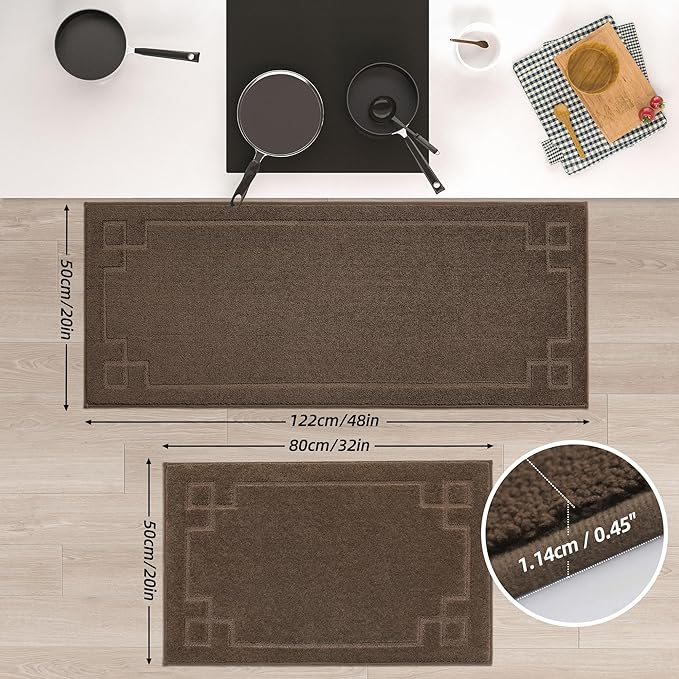 BEQHAUSE Kitchen Rugs Non-Slip Washable [2 PCS], Machine Washable Kitchen Mats Absorbent Soft Kitchen Runner Rugs for Floor, Sink, Hallway, Laundry, 20"x32"+20"x48", Brown
