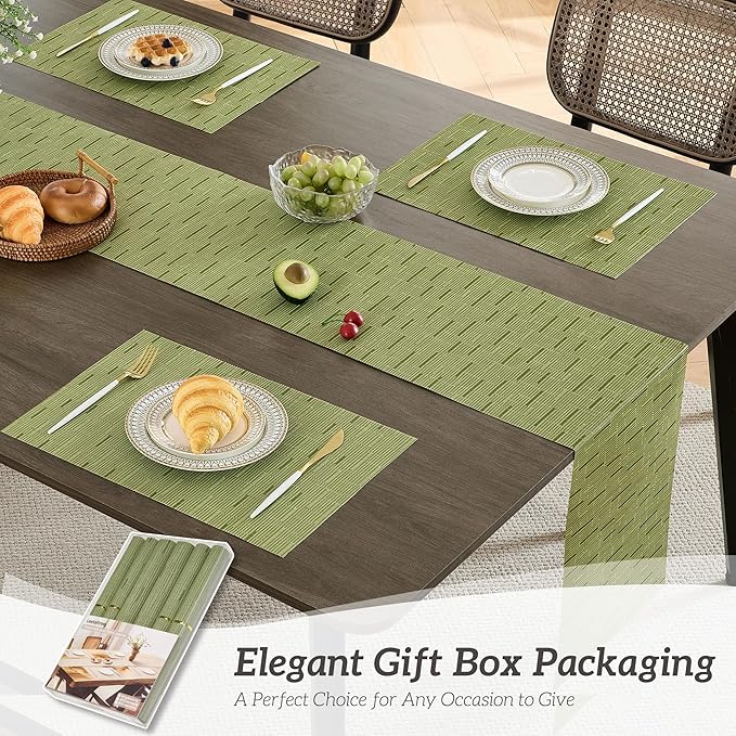 Leetaltree Pea Green Table Runner and Placemats Set of 5, Heat Resistant Non-Slip Place mats for Dining Table, Washable Durable PVC Vinyl Woven Table Mats Set