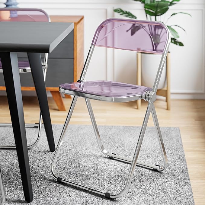 LeisureMod Lawrence Modern Clear Acrylic Folding Chair with Metal Frame, Space-Saving Transparent Seating for Dining Room, Home Office, Bedroom, Vanity or Small Spaces, (Magenta, Singles)