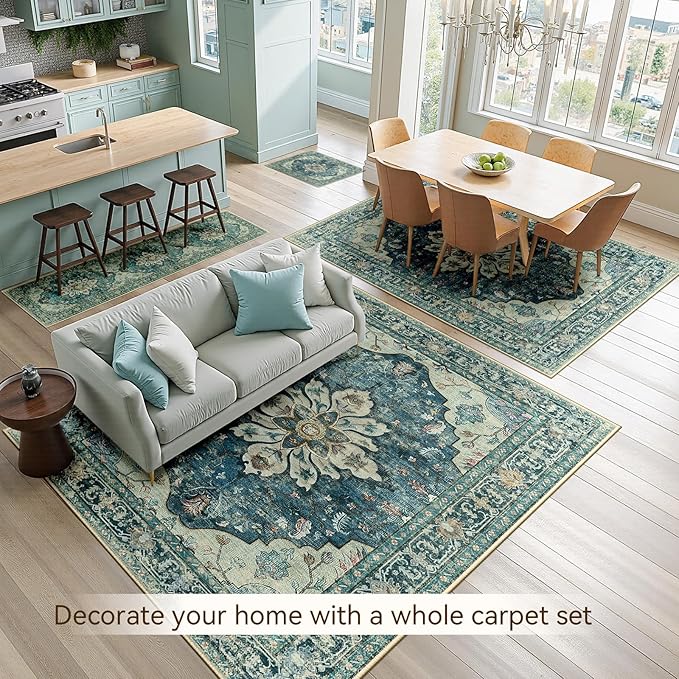RELEANY Area Rugs 2'x8' Washable Non-Slip, Floral Vintage Distress Print Pattern Medallion Carpet for Living Room Bedroom Dining Room, Dark Blue Vintage