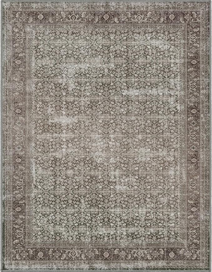 Fortsea Area Rug 7X9 Washable Rug Moss Salmon Vintage Traditional Distressed Thin Retro Kitchen Indoor Floor Cover Non Slip Carpet Floral Print Mat Living Room Bedroom Dining Room (Moss/Salmon 7X9)