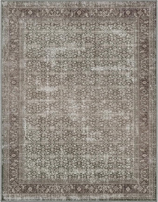 Fortsea Area Rug 7X9 Washable Rug Moss Salmon Vintage Traditional Distressed Thin Retro Kitchen Indoor Floor Cover Non Slip Carpet Floral Print Mat Living Room Bedroom Dining Room (Moss/Salmon 7X9)