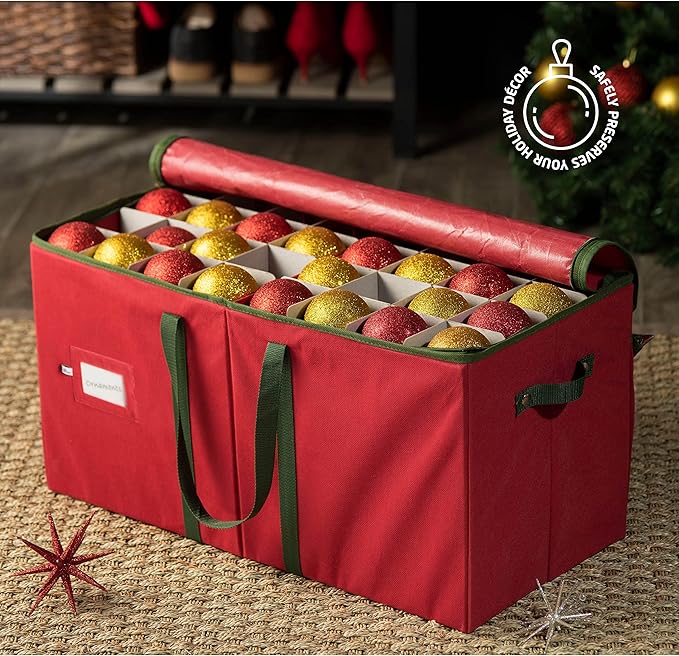 ZOBER Large Christmas Ornament Storage Box - Stores 128 3" Ornaments, With Dividers - Ornament Organizer Storage Box, Durable Christmas Containers Holder - Extra Pockets, Dual Zipper - Red