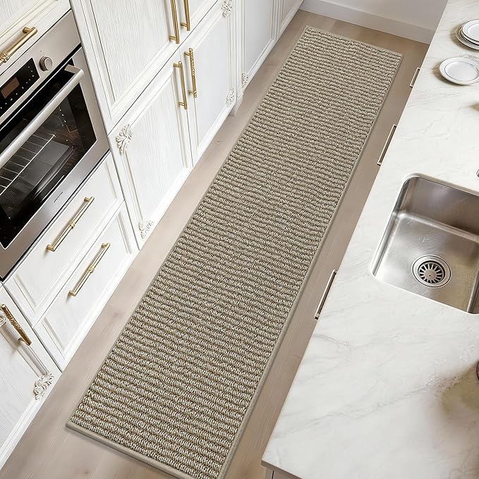 JSEI Kitchen Runner Rugs, 17''x71'' Non-Slip Kitchen Mats for Floor, Machine Washable Absorbent and Stain Resistant Kitchen Rug, Carpet Mats with TPR Backing for Kitchen, Beige