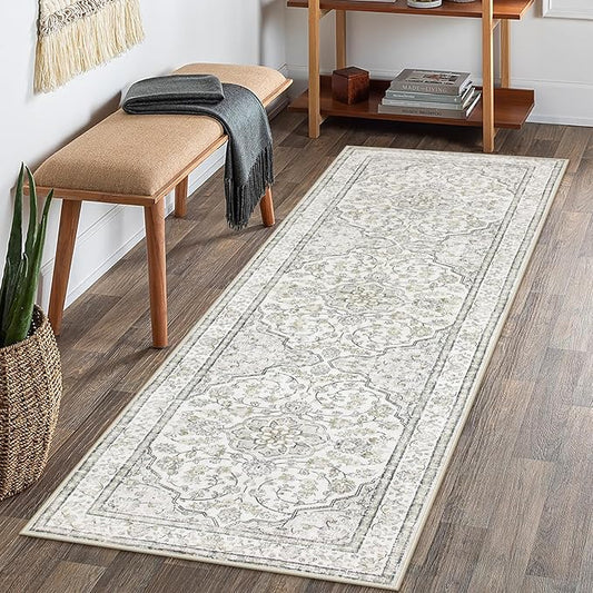 Lahome Oriental Bathroom Runner Rug,Washable 2x6 Beige Kitchen Runner Rug Non Skid Hallway Runner,Ultra-Thin Soft Rug Boho Indoor Floor Carpet Runner 6ft for Bedroom Entrway Laundry Room