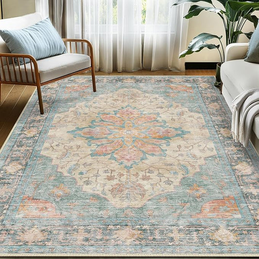 RELEANY Area Rugs 6'x9' Washable Non-Slip, Floral Vintage Distress Print Pattern Medallion Carpet for Living Room Bedroom Dining Room, Blue Orange Red