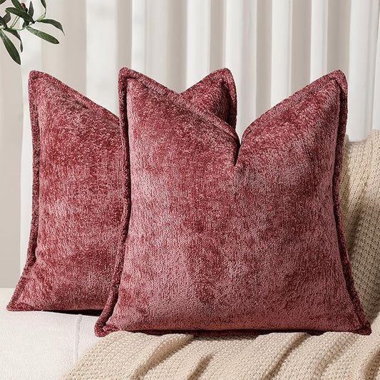 DEZENE Pack of 2 Christmas Burgundy Fall Decorative Throw Pillow Covers 20x20 Cozy Soft Chenille Accent Vintage Square Couch Pillow Covers for Home Decor Bed Sofa Living Room