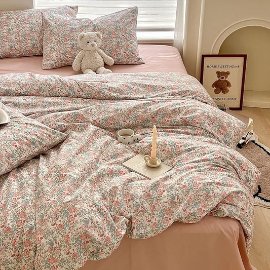 Boho Floral Duvet Cover Queen Soft Cotton Aesthetic Floral Bedding Sets French Style Pink Blue Flower Branches Duvet Cover Chic Shabby Garden Floral Comforter Cover Botanical Queen Size Bedding Sets