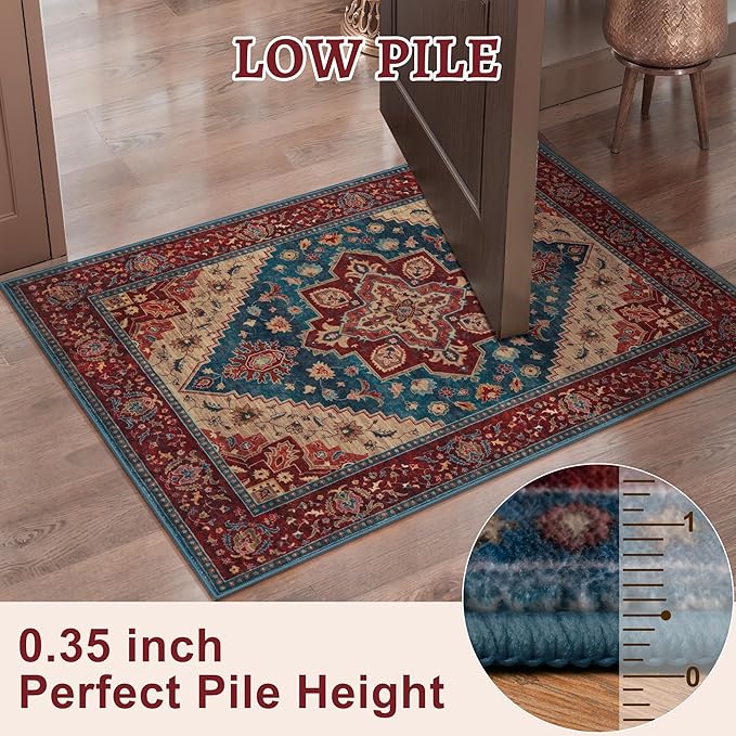 Tangsoo 2x5 Washable Runner Rug for Hallways, Non Slip Vintage Runner Rug, Soft Low Pile Long Rug Runner, Print Distressed Carpet Runners for Kitchen Bedroom Entryway Bathroom Living Room Red/Blue