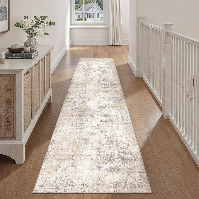 WondRg 2x14 Washable Runner Rug Beige Grey Abstract Hallway Kitchen Throw Rug Neutral Modern Non Slip Soft Low Pile Carpet for Bathroom Laundry Bedroom Living Room