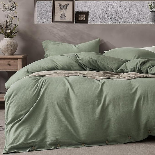 JELLYMONI Cotton Duvet Cover King Size - Sage Green Comforter Cover with Button 100% Washed Cotton 3PCS Breathable Soft Solid Bedding Set Duvet Cover 104×90in & 2 Pillowcases (NO Comforter)