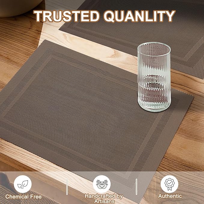 BETEAM Placemats Set of 6, Woven Vinyl Placemat for Dining Table Washable Wipeable Kitchen Place Mats Durable Indoor Outdoor Table Mats