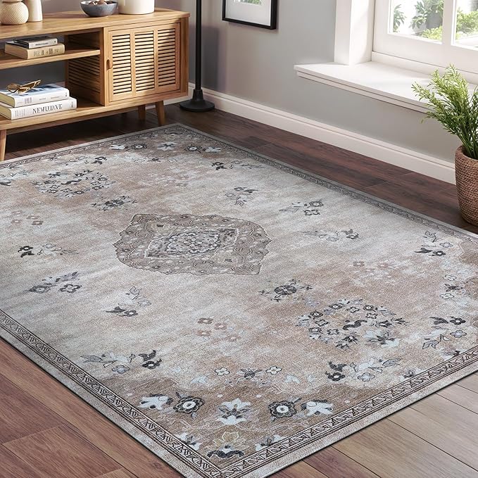 Beverly Rug Non Slip Rugs 6x9 Boho Medallion Floral Non Skid Rubber Backing Easy Silk Soft Area Rug for Living Room Easy to Clean Non Shedding Kitchen Bedroom Indoor Carpet (6 x 9 Beige - Brown)