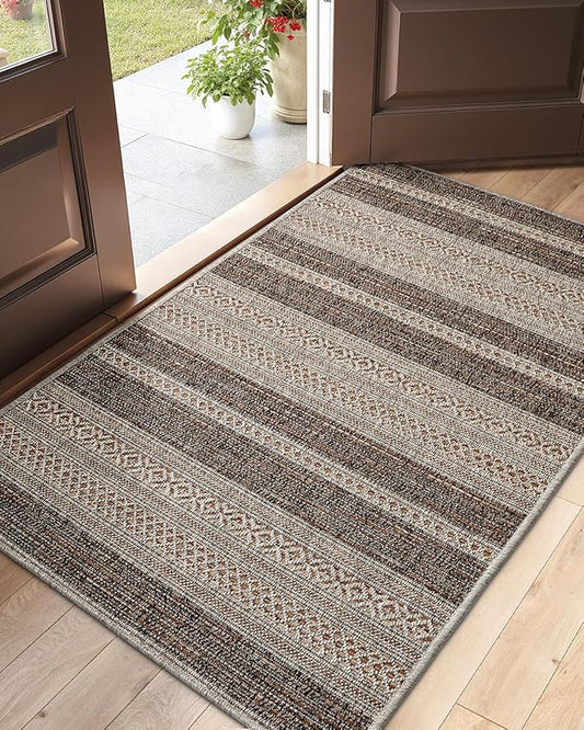 DEXI Dirt Trapper Door Mat, 31x60 Washable Doormat, Dirt Resistant and Absorbent, Easy Clean Low-Profile Floor Rugs for Entryway, Front Door, and Inside Entrance, Striped Brown
