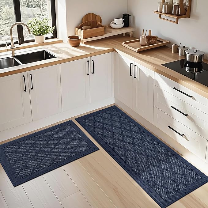 COSY HOMEER Kitchen Mats, 2 PCS Kitchen Rug Non Slip Washable, Absorbent Runner Rugs for Kitchen Floor, 100% Polypropylene Kitchen Sink Rug 24"x36" + 24"x60"(Blue)