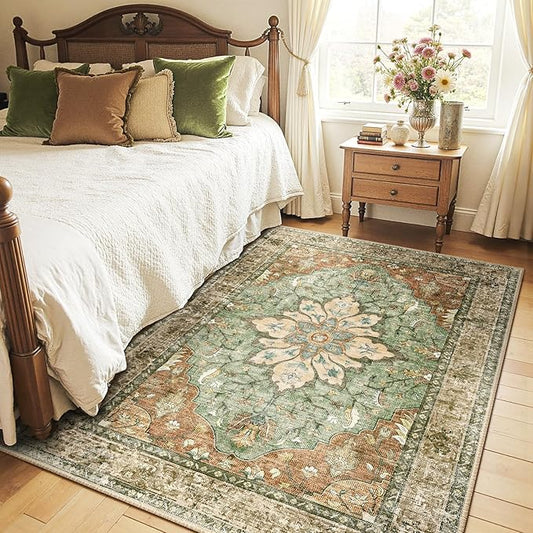 RELEANY Area Rugs 4'x5' Washable Non-Slip, Floral Vintage Distress Print Pattern Medallion Carpet for Living Room Bedroom Dining Room, Brick Red Rust Neutral Brown Burnt Orange Green