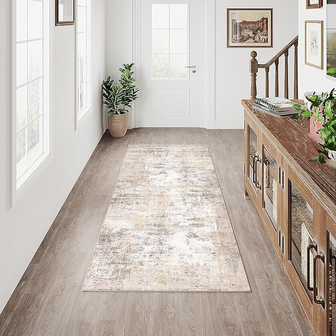 WondRg 2x5 Washable Runner Rug Beige Grey Abstract Hallway Kitchen Throw Rug Neutral Modern Non Slip Soft Low Pile Carpet for Bathroom Laundry Bedroom Living Room