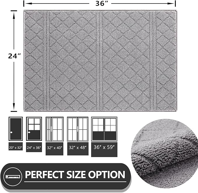REFETONE Indoor Doormat, Front Back Door Mat 24"x36" Absorbent Rubber Backing Non Slip Door Mats, Low-Profile Resist Dirt Rugs, Machine Washable Door Rug Inside Floor Mat for Entryway, Light Grey