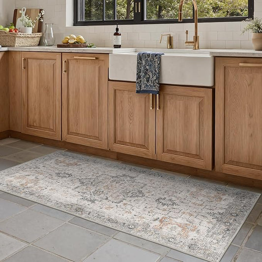BESBLEE Runner Rug 2'6''x5 Non Slip Machine Washable Vintage Hallway Runner Rug, Low Pile Lightweight Rugs for Entryway, Hallway, Kitchen and Corridor, Light Taupe Brown