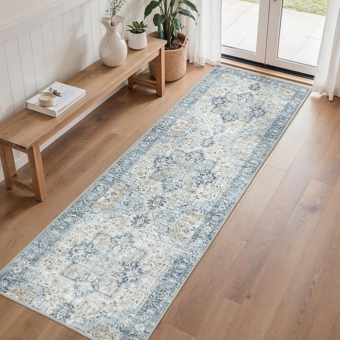 BESBLEE Runner Rug 2'6''x8, Non Slip Vintage Hallway Runner Rugs, Low Pile Lightweight Machine Washable Mat for Hallway, Entryway, Bedroom, Kitchen and Corridor, Blue