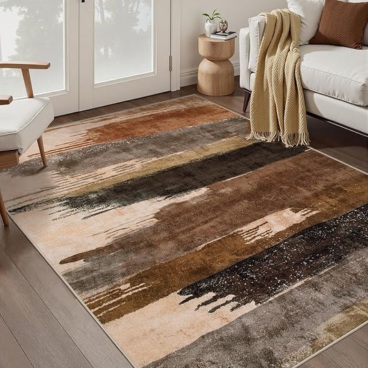 Ciicool Abstract Area Rug Indoor, 4x6 Washable Entryway Rug, Modern Soft Throw Entry Rug with Non-Slip Backing for Bedroom Living Room Entrance Kitchen, Low-Pile Floor Carpet Doormat Brown Black