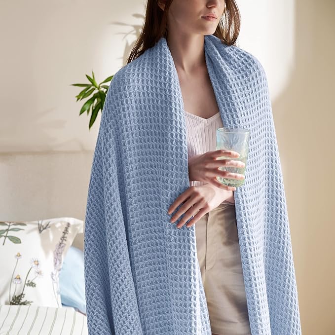 Bedsure Gentlesoft 100% Cotton Blanket Queen Size for Bed - Breathable and Soft, Thick Cozy Waffle Weave Christmas Blanket Gift for Women, Sky Blue, 90x90 Inches