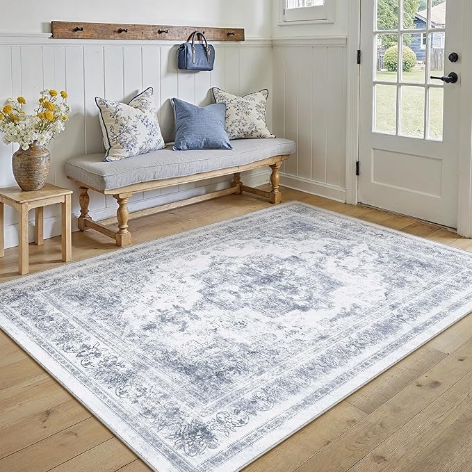 PureCozy Washable Rug 6x9 Area Rug for Living Room Blue Vintage Boho Medallion Large Distressed Retro Carpet Non Slip Indoor Low Pile Small Soft Bedroom Dining Room Home Office