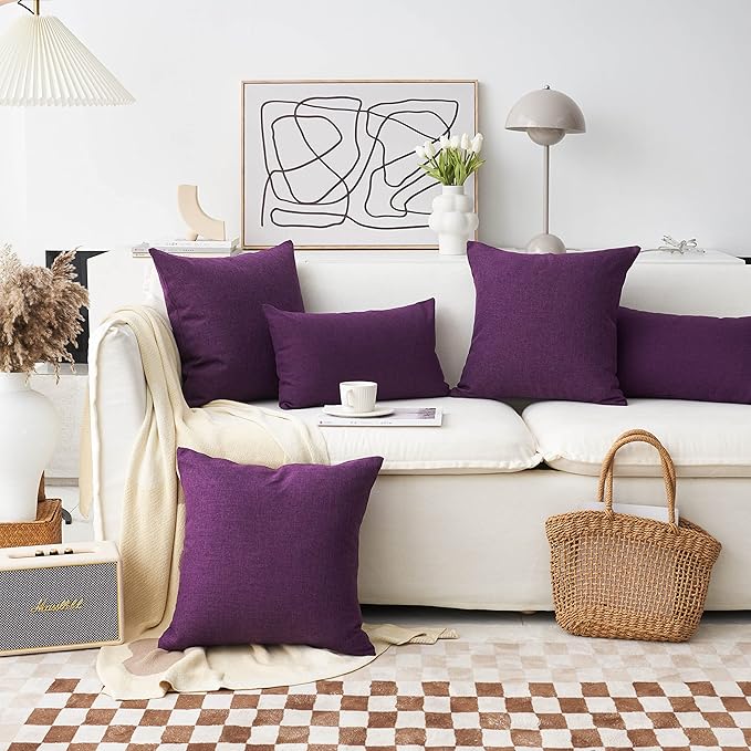 Home Brilliant 24x24 Pillow Covers European Pillow Shams Burlap Solid Linen Purple Pillows Decorative Throw Pillows for Couch Bench Living Room, 24 inch, 60cm, Purple