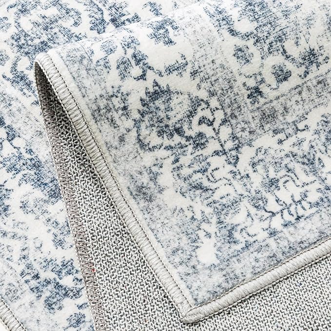 PureCozy Navy Blue Area Rug 5x7 Machine Washable Vintage Living Room Distressed Non Slip Carpet Traditional Indoor Bedroom Retro Floral Accent Throw Large Rug for Office Kitchen Bathroom Dining Room