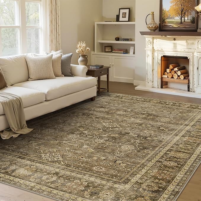 HelloTree Washable Rugs 6x9 Area Rug for Living Room, Vintage Boho Brown Rug Non Slip Carpet Retro Accent Indoor Mat Print Distressed Low Pile Throw Large Rug for Office Bedside-Brown