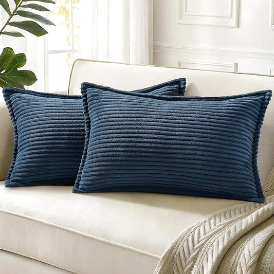 decorUhome Spring Corduroy Navy Blue Throw Pillow Covers 12x20 Set of 2 Decorative Soft Boho Farmhouse Lumbar Couch Pillow Covers for Living Room Bed Sofa Broadside Striped Pillow Cases