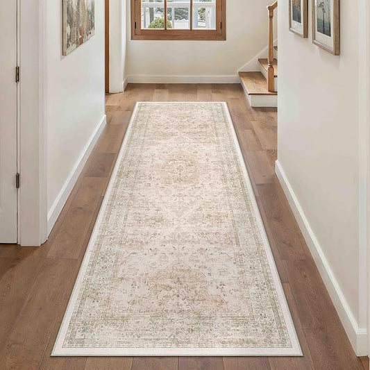PureCozy Hallway Runner Rug 2x8 Washable Beige Vintage Distressed Long Runner Oriental Soft Thin Indoor Carpet Non Slip Low Pile Throw Rug for Kitchen Bedroom Laundry Bedside Entryway