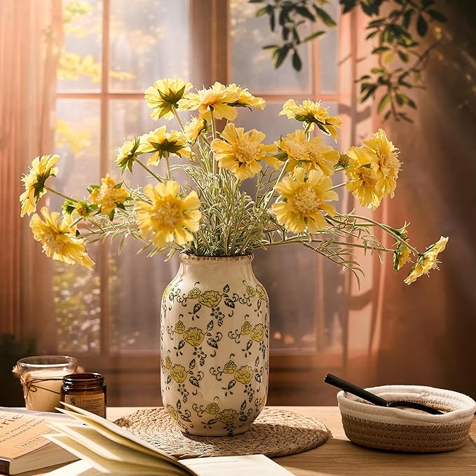 SIDUCAL Ceramic Vintage Pastoral Vase, 8.78 Inch Chinoiserie Floral Vase, Retro Ice Cracked Rustic Farmhouse Vases for Home Decor, Living Room, Bookshelf, Office, Tuscan Decor, Yellow Rose Pattern