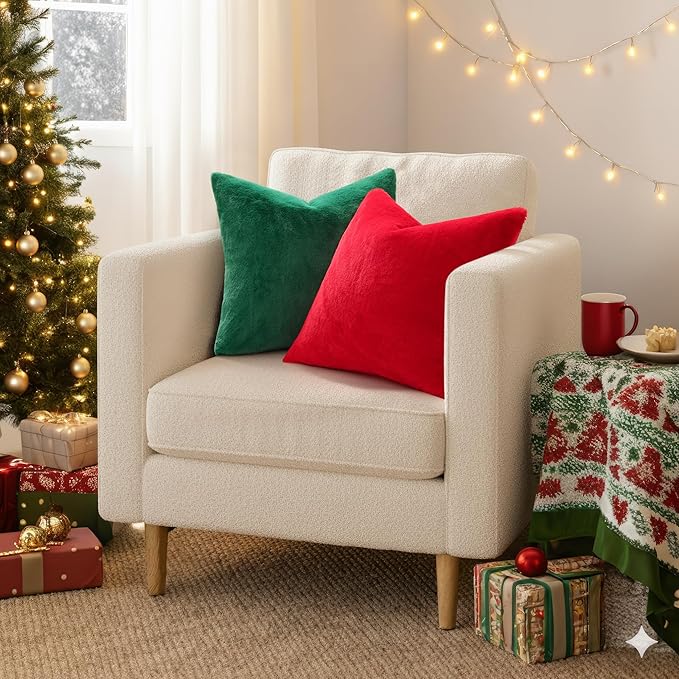 Pallene Faux Fur Plush Christmas Throw Pillow Covers 18x18 Set of 2, Soft Fluffy Couch Pillow Covers for Living Room, Christmas Green