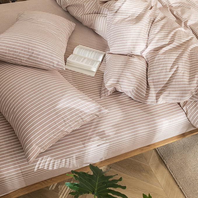 MooMee Striped Duvet Cover Set 100% Washed Cotton Linen Like Textured Breathable Durable Soft Comfy (Orange White Wide Stripes, Queen 90"x90")