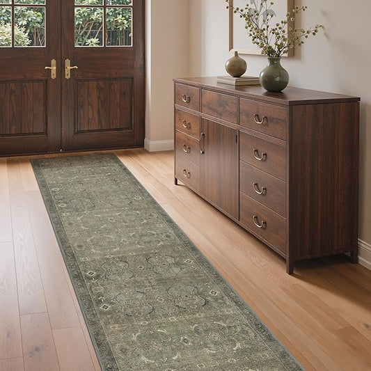 GENIMO 2x10 Runner Rugs for Hallway, Machine Washable Non Slip Vintage Rugs, Low Pile Lightweight Soft Print Rug for enrtyway, Corridor, Home Office, Kitchen, Muted Green