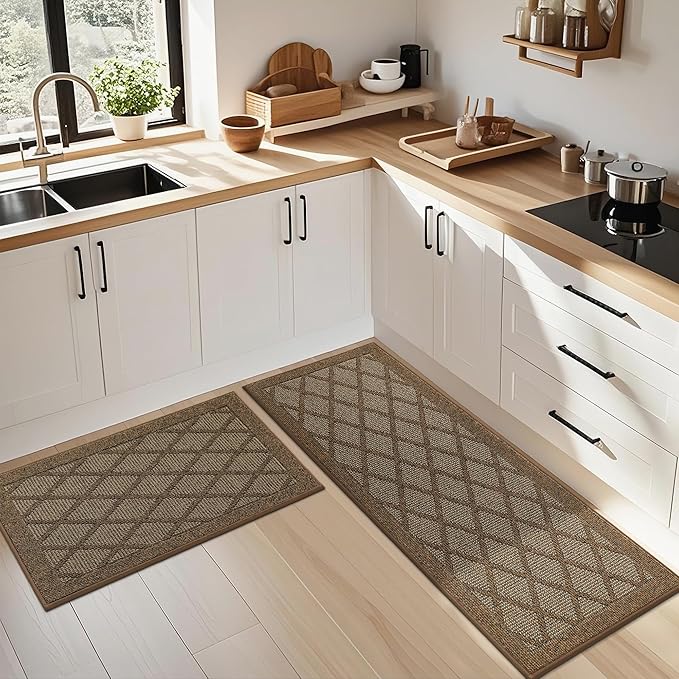 COSY HOMEER Kitchen Mats, 2 PCS Kitchen Rug Non Slip Washable, Absorbent Runner Rugs for Kitchen Floor, 100% Polypropylene Kitchen Sink Rug 24"x36" + 24"x60"(Brown)