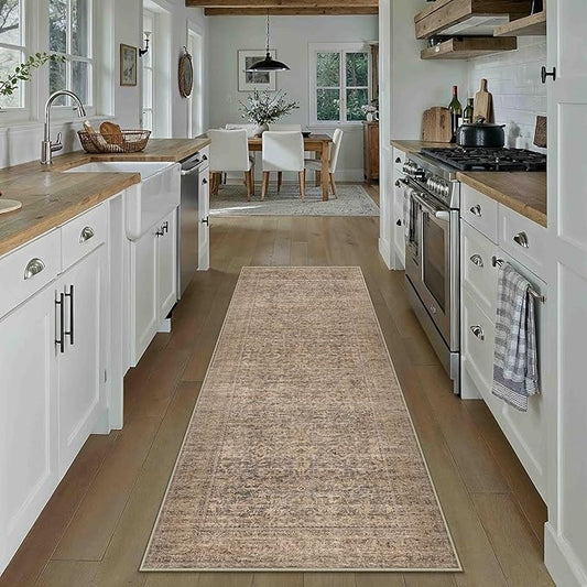 PureCozy 2x6 Runner Rug Brown Machine Washable Hallway Kitchen Vintage Distressed Non Slip Carpet Indoor Small Long Low Pile Thin Bedroom Bathroom Retro Accent Throw Rug Laundry Living Room
