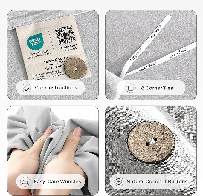 JELLYMONI 100% Washed Cotton Duvet Cover Twin – Soft, Breathable Linen-Look Bedding with Natural Wrinkle Texture, Button Closure, 2-Piece Set (Pale Grey, 68"x90")