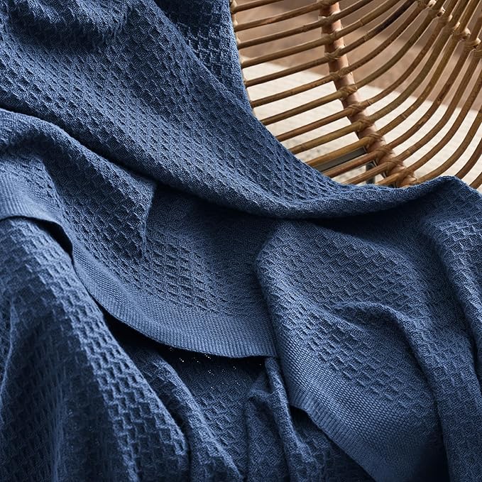 Bedsure Gentlesoft 100% Cotton Blanket Twin XL Size for College Dorm - Breathable and Soft for Spring Summer, Waffle Weave Twin Blanket for Bed, Dorm Room Essentials, Navy, 66x90 inches