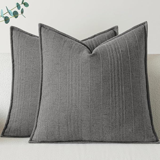 a moment Linen Pillow Covers Set of 2,Boho Farmhouse Throw Pillowcases Neutral Textured Decorative Covers for Couch Sofa,Soft Linen Blend Accent Case Cushion Living Room Home Decor 22"x22"Rustic Gray